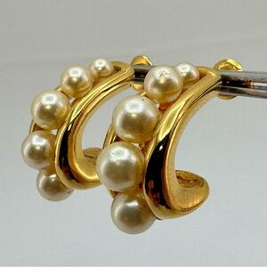 Napier Gold Tone Faux Pearl Hoop Earrings Vintage Classic Signed